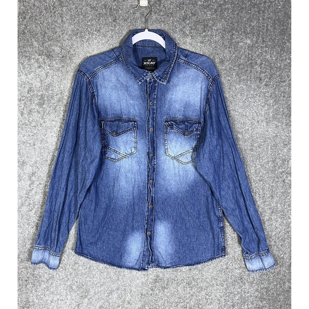 XRAY Jeans Denim Button Up Shirt Mens Size Large Blue Supreme Cotton Slim Fit